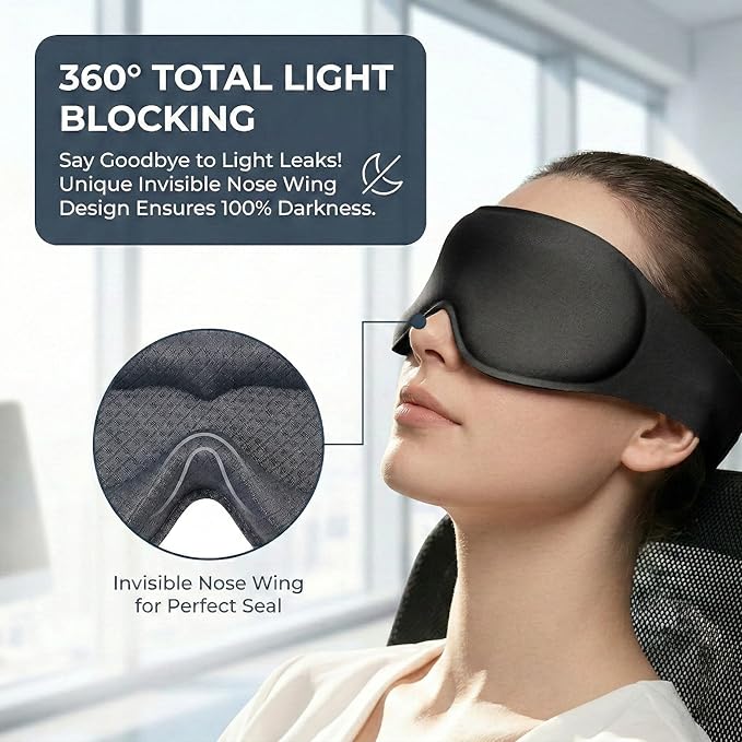 3D Sleep Mask for Men Women, 100% Blackout Contoured Eye Mask, Soft Memory Foam Blindfold with Adjustable Hook and Loop Strap, Pressure-Free Eye Cover for Side Sleeper, Travel & Yoga (Black)