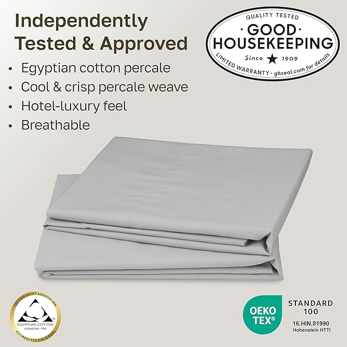 California Design Den Standard/Queen Pillowcases Set of 2-100% Egyptian Cotton, Crisp Percale Feel, Soft & Breathable Standard/Queen Size Pillow Covers - Light Grey