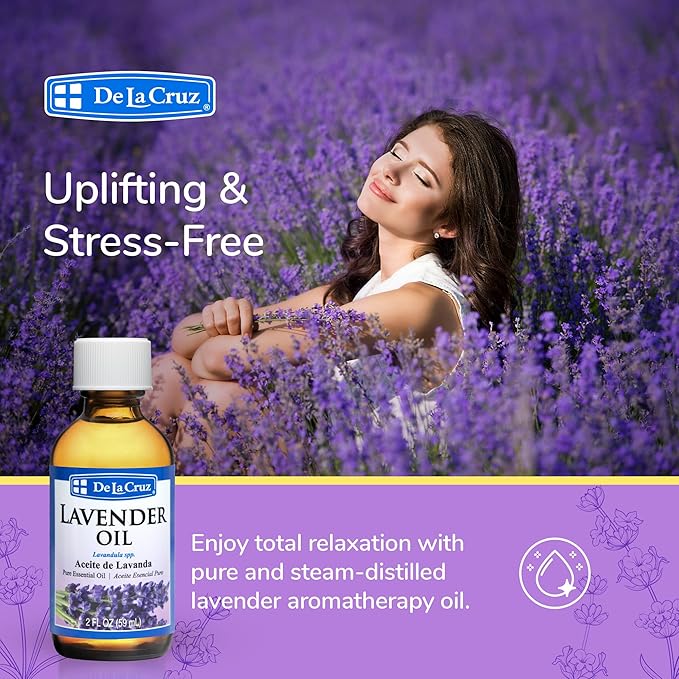 De La Cruz Lavender Essential Oil Steam-Distilled - 100% Pure Lavender Oil for Aromatherapy 2 Fl Oz (Pack of 1)