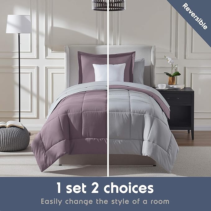 Nestl 7 Piece Twin XL Comforter Set – Dusty Purple Reversible Bed in a Bag – Complete Twin XL Size Bedding Set with Sheets, Set of 2 Cooling Pillows, Pillowcase and Sham