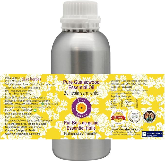 dève herbes Guaiacwood Essential Oil (Bulnesia sarmientoi) with Glass Dropper | Pure | Non-Sticky | Non-Greasy | Lightweight | Men & Women | All Skin Types | Steam Distilled 100ml (3.38 oz)