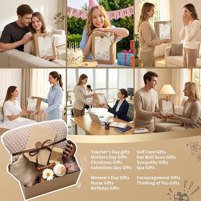 Self Care Gifts Baskets for Women, Relaxing Spa Care Package for Women, Mother's Day Birthday Gift Get Well Soon Gifts Baskets Thinking of You Gift, Spa Gift Basket with Bonnet & Massgae Comb, Brown