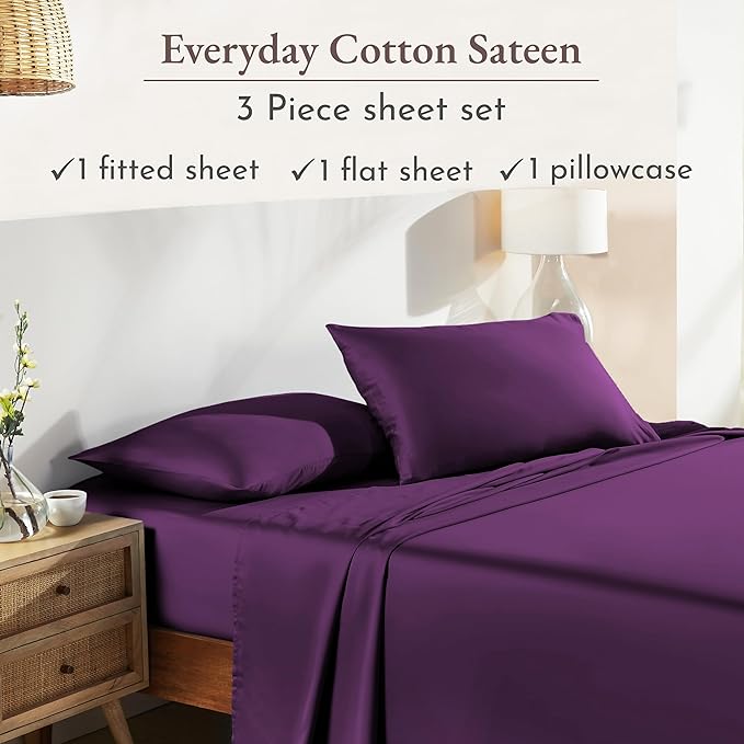 California Design Den 12" Pocket Sheets Twin XL Size Set - Natural 100% Cotton Sheets, Soft Sateen, All Around Elastic, Breathable and Durable Bedding for Dorm Room - Purple Passion