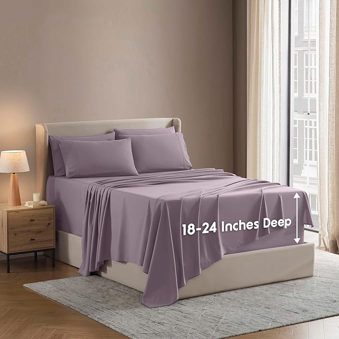 Nestl Extra Deep Full Sheet Set - 6 Piece Breathable & Cooling Sheets - Hotel Luxury Bedding Set w/18-24 Inch Deep Pockets - Easy & Secure Fit - Super Soft, Wrinkle Free & Comfy - Dusty Purple