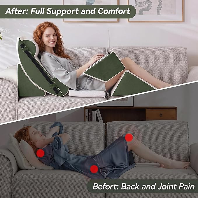 7PCS Wedge Pillow Set for After Surgery,Bed Orthopedic Pillow for Sleeping, Memory Foam Back Pillow for Pain Relief and Acid Reflux, Adjustable Sitting Up for Bed Post Surgery Pillow Green