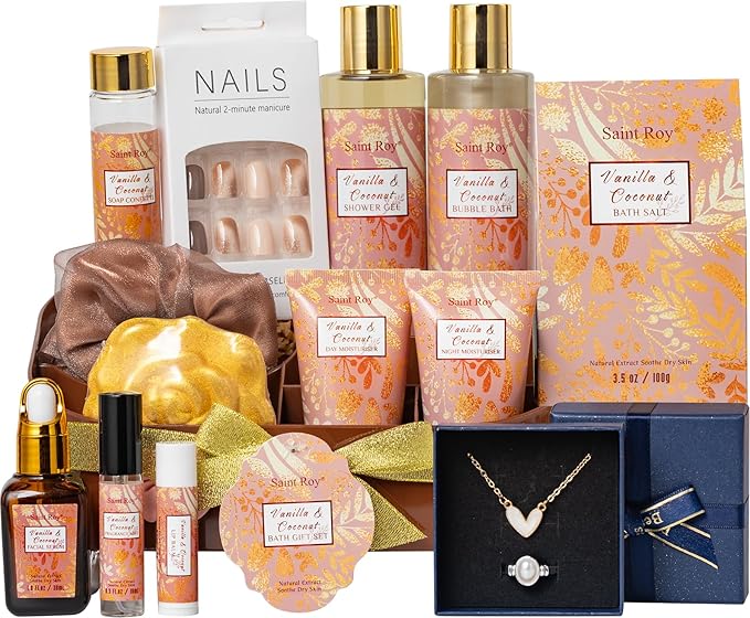 Mothers Day Gifts for Women, Skin care set Gifts, 16 Pcs Spa Gifts for Woman Coconut Vanilla Scents Skin Care Kit, Facial Kit with Face Day Cream, Night Cream, Skincare Set in Makeup Storage Box