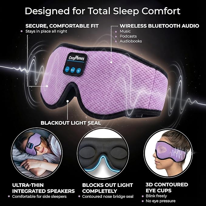 CozyPhones Bluetooth Sleep Mask Headphones for Adults – Wireless Sleep Headphones for Side Sleepers, Breathable Eye Mask for Travel, Meditation & Tinnitus Support - Grey