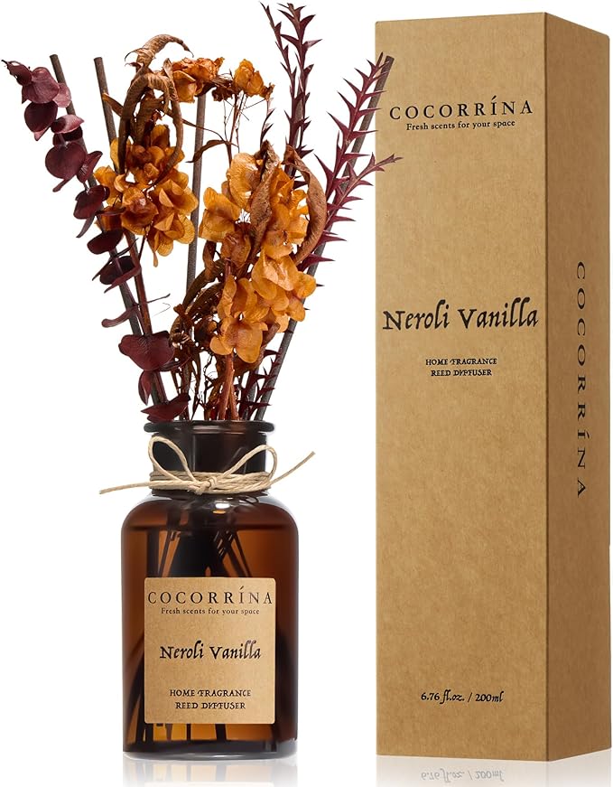 Cocorrína Reed Diffuser Set, 6.7oz Flower Reed Diffuser with Real Preserved Flowers - Neroli Vanilla Scented Oil & Sticks - Long Lasting Home Fragrance for Bedroom Bathroom Shelf Decor