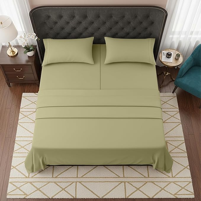 Elegant Comfort Luxurious 1500 Premium Hotel Quality Microfiber Three Line Embroidered Softest 5-Piece Bed Sheet Set, Wrinkle and Fade Resistant, Split King, Sage-Green