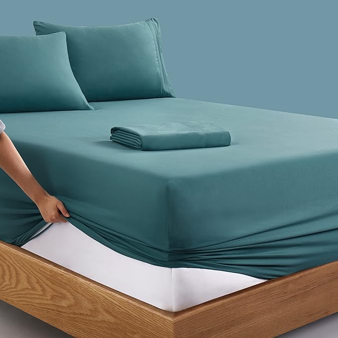 Manyshofu Extra Deep Pocket King Size Sheets - Hotel Luxury 1800 Thread Count Sheets & Pillowcases - Microfiber Bed Set up to 24" Mattress - Teal Bed Sheets 18-24 Inch Deep Pockets - 4 Piece