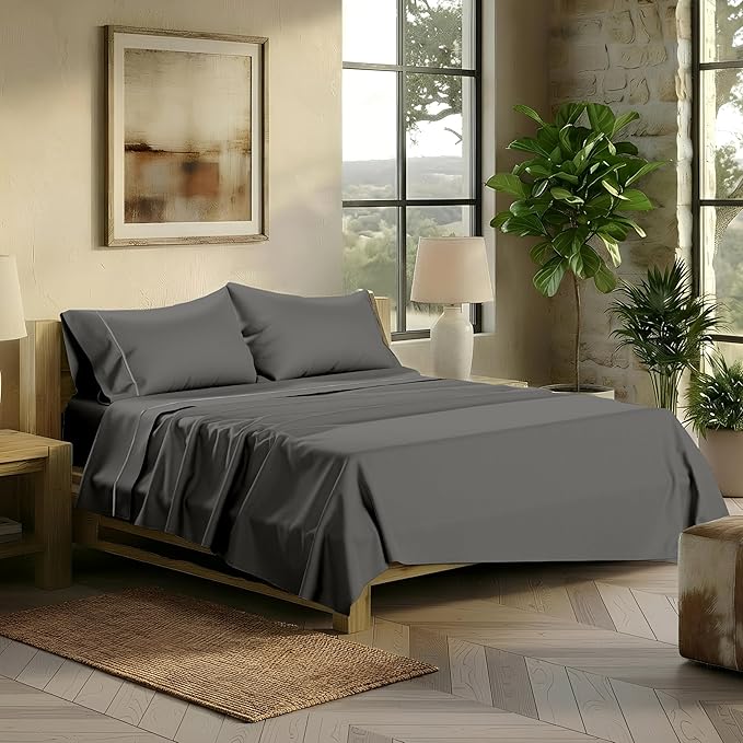 TEXAS LINEN CO. 100% Egyptian Cotton Sheets California King Size - Snoozin' Supreme Collection 2000 Series Luxury Cal King Sheet Set, Sateen, 17” Extra Deep Pocket Hotel Sheets (4 Pc, Dark Grey)