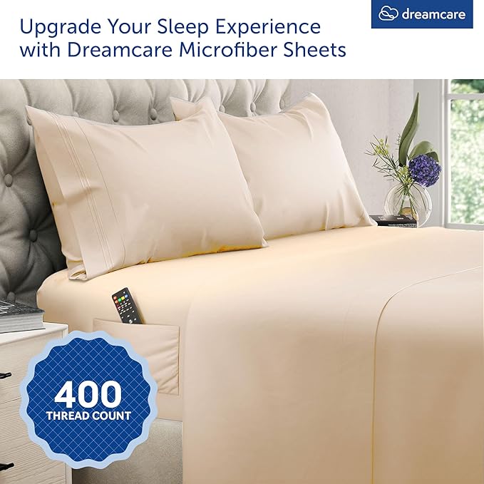 DREAMCARE King Size Sheets Set – 4 pcs Super Soft & Lightweight Cooling Sheets – up to 21” Deep Pocket King Sheet Set – Hotel Luxury Sheets & Pillowcases – 100% Fine Microfiber with Side Pocket, Wheat