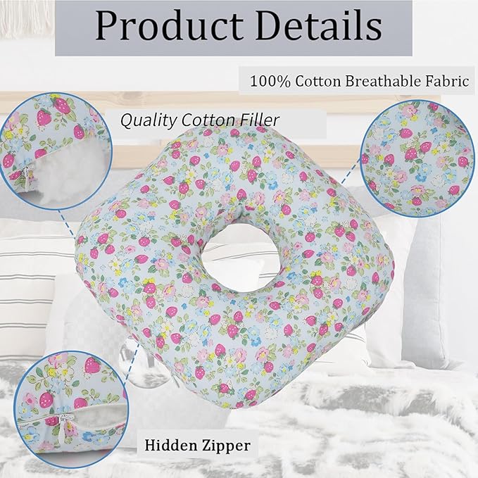 Ear Piercing Pillow for Side Sleepers, Pillow with an Ear Hole for CNH and Ear Pain Ear Inflammation Pressure Sores, O-Shaped Side Sleeping Pillow, Ear Guard Pillow (Blue Strawberry)