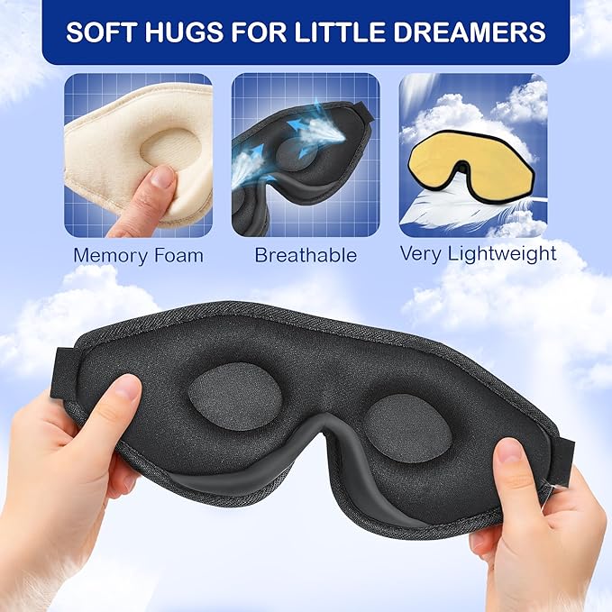 3D Sleep Mask for Kids, Light Block Sleeping Blindfold Memory Foam Contoured Eye Mask for Sleep, Adjustable Strap Eye Cover and Travel Sleep Mask for Boys Girls, Yellow