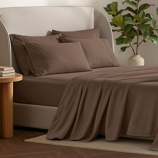 Bare Home Hotel Luxury Queen Sheet Set, Extra Soft - 6 Piece Set - Deep Pockets - Easy Fit - Cooling & Breathable - Wrinkle, Fade, Stain Resistant - Includes 4 Pillowcases (Queen, Cocoa)