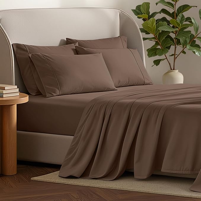 Bare Home Hotel Luxury Full XL Sheet Set, Extra Soft - 6 Piece Set - Deep Pockets - Easy Fit - Cooling & Breathable - Wrinkle, Fade, Stain Resistant - Includes 4 Pillowcases (Full XL, Cocoa)