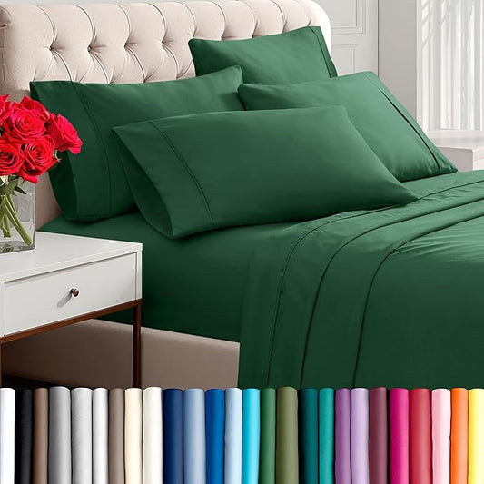 Bare Home Hotel Luxury Cal King Sheet Set, Extra Soft, 6 Piece Set, Deep Pockets, Easy Fit, Cooling & Breathable, Wrinkle, Fade, Stain Resistant, Includes 4 Pillowcases (California King, Forest Green)