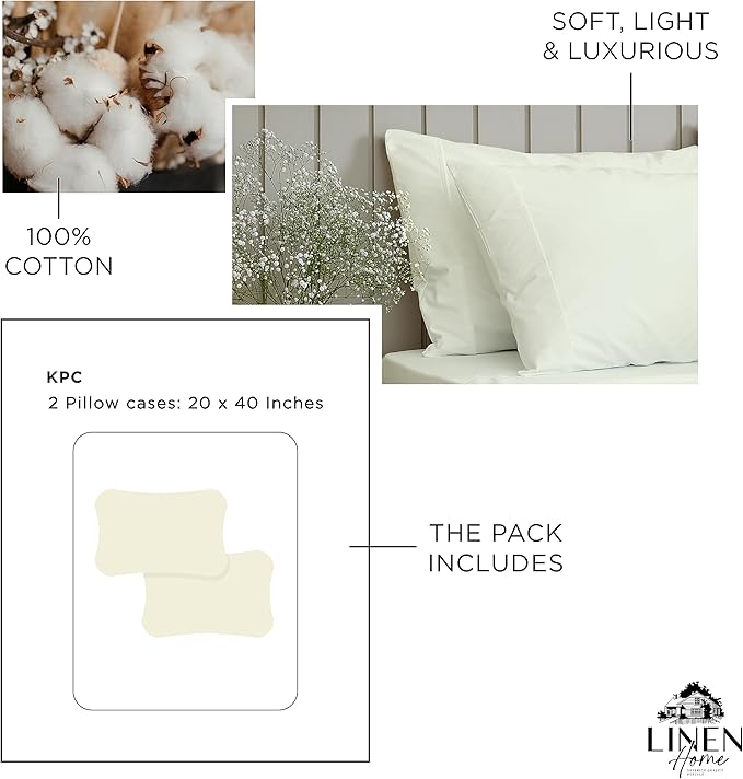 Linen Home 100% Cotton Percale Pillowcases King Size, Cream, 2 Pieces of Pillow Case, Crisp and Cool Strong Bed Linen, 20 inches X 40 inches
