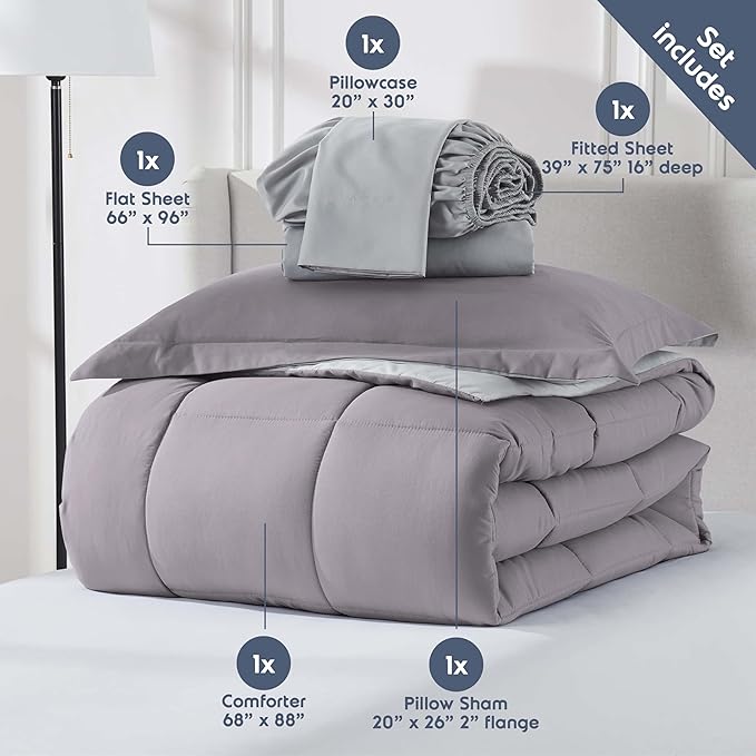 Nestl 7 Piece Twin Comforter Set – Grey Lavender Reversible Bed in a Bag – Complete Twin Size Bedding Set with Sheets, Set of 2 Down Alternative Pillows, Pillowcase and Sham