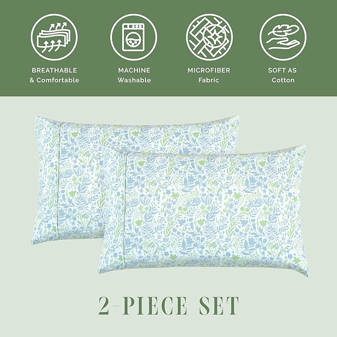 Elegant Comfort Ultra Soft Set of 2 Floral Print Pillowcases - 1500 Premium Hotel Quality Microfiber, Soft and Smooth Envelope Closure 2-Piece Pillow Covers - Standard/Queen, Green Anita