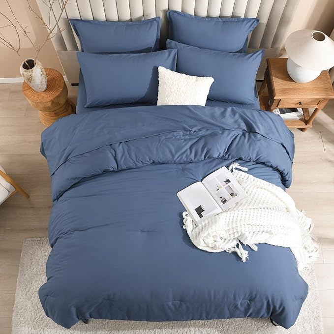 Litanika Queen Comforter Set Ocean Blue - 7 Pieces Bed in a Bag Queen Bedding Comforter Sets, Solid Lightweight Bed Set with Comforter, Sheets, Pillowcases & Shams