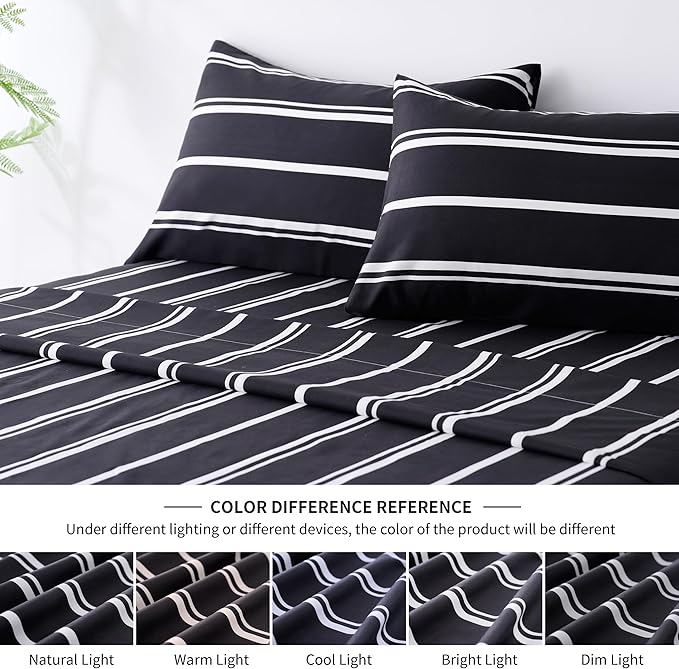 Best Season Stripe Bed Sheets Set,4 Piece Super Soft Microfiber Bedding-Deep Pocket,Ultra Soft,Fade & Wrinkle Resistant(Full Size,Black&White)