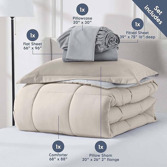 Nestl 7 Piece Twin Comforter Set – Beige Reversible Bed in a Bag – Complete Twin Size Bedding Set with Sheets, Set of 2 Down Alternative Pillows, Pillowcase and Sham