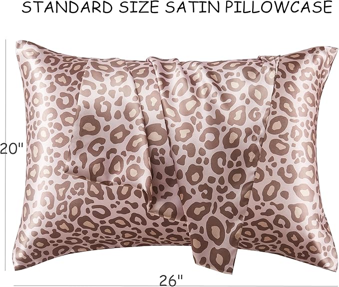 Satin Pillowcase for Hair and Skin, Soft and Cooling Similar to Silk Pillow Cases 2 Pack with Envelope Closure Standard Size Satin Pillow Covers, Gift for Women(20"x26", Leopard, Pink)