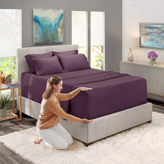 Hearth & Harbor Extra Deep Pocket Sheets - Fits Mattress 18-24 Inches Deep - Extra Deep Pocket Full Size Sets - 6 Piece Full Size - Full - Eggplant