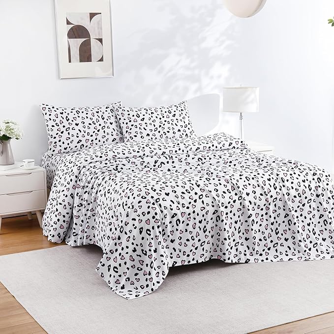 Queen Bed Sheets Set, Leopard 4-Piece Brushed Microfiber Sheets, Cooling Bed Sheet Set, Soft & Breathable, 16' Deep Pocket Fitted Sheet & Pillowcase Set, Pink Hearts Leopard