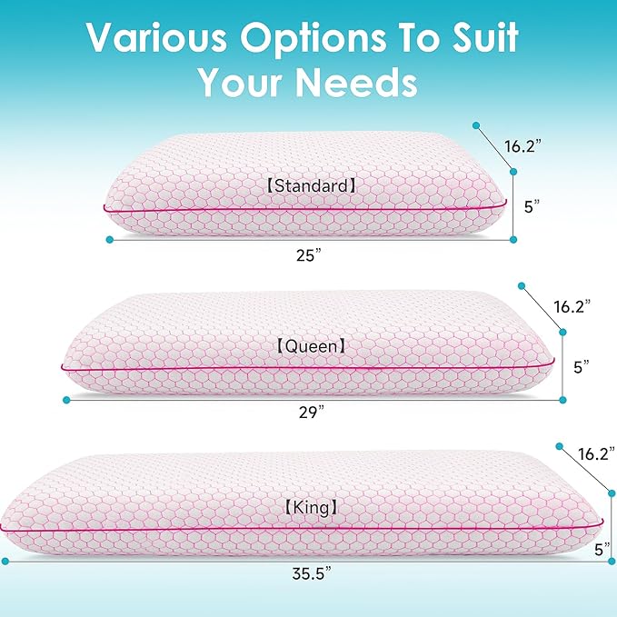 CushyOasis Memory Foam Pillows for Side, Back and Stomach Sleepers, Set of 2, Bed Pillow with Washable Cover and Breathable Mesh, Bed Pillow for Sleeping (Pink，King Size)