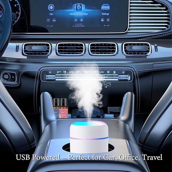 USB Essential Oil Diffuser with 6 Oils, Portable Ultrasonic Aromatherapy Diffuser for Home & Car, Cool Mist, 7-Color LED Night Light, Auto Shut-Off, One-Button Control,3 Colors (Grey)