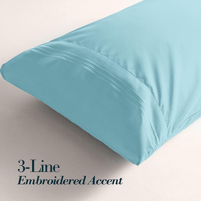 Mocassi 1-Piece Premium Body Pillowcase 1800 Series Hotel Quality Microfiber - Soft and Breathable with 3-Line Embroidery Wrinkle and Stain Resistant, Easy Care, 21" x 54", Aqua Blue