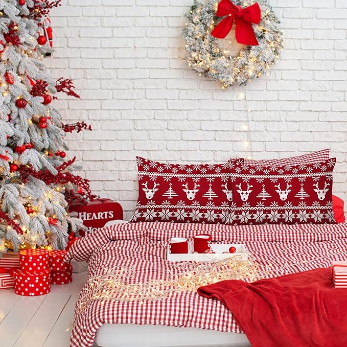 YIYEA Christmas Pillow Cases Queen Size Set of 2, Ultra Soft Double Brushed Microfiber Pillowcases Queen, Christmas Reindeer Bed Pillow Covers, Fade Resistant, Easy Slip-On (20"x30")