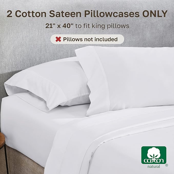 California Design Den King Size Pillowcase Set - 400 Thread Count, 100% Cotton Sateen, Set of 2 Pillow Covers, Soft and Breathable - Bright White