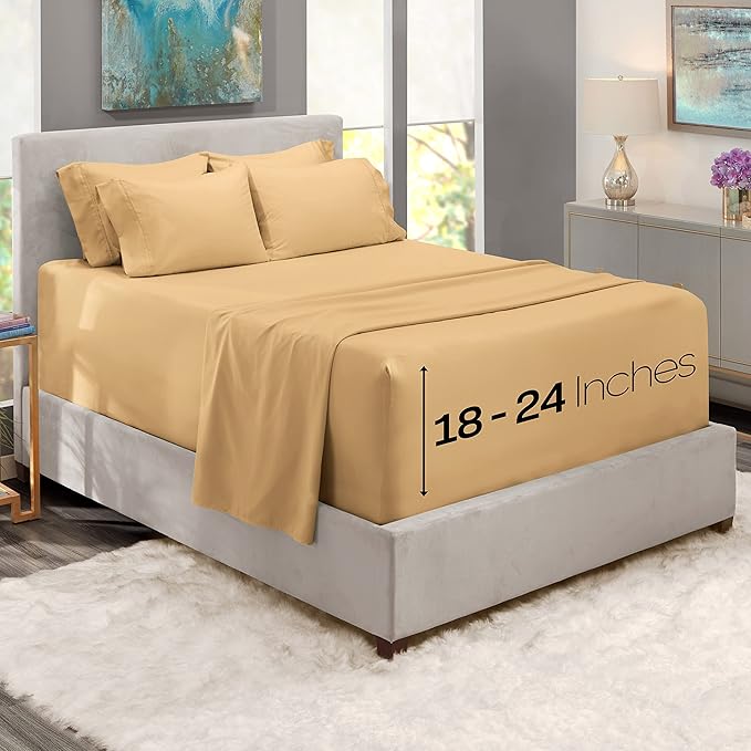 Hearth & Harbor Extra Deep Pocket Sheets - Fits Mattress 18-24 Inches Deep - Extra Deep Pocket California King Size - 6 Piece Cal King Sheets - Cal King, Camel