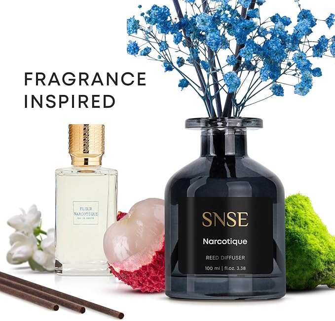 SNSE Narcotique with Flowers Perfumed Reed Diffuser Set | 3.38 oz Scent Fragrance Oil Diffuser for Bedroom, Bathroom, Home Décor and Gift, Decorative Air Fresheners with Sticks