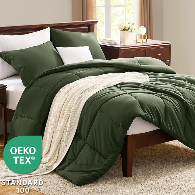 CozyLux Oversized King Comforter Set, 3 Pieces Olive Green 120x98 Box Stitched Design Soft Bedding Set, All Season Lightweight Breathable Bed Set with 1 Down Alternative Comforter and 2 Pillow Shams