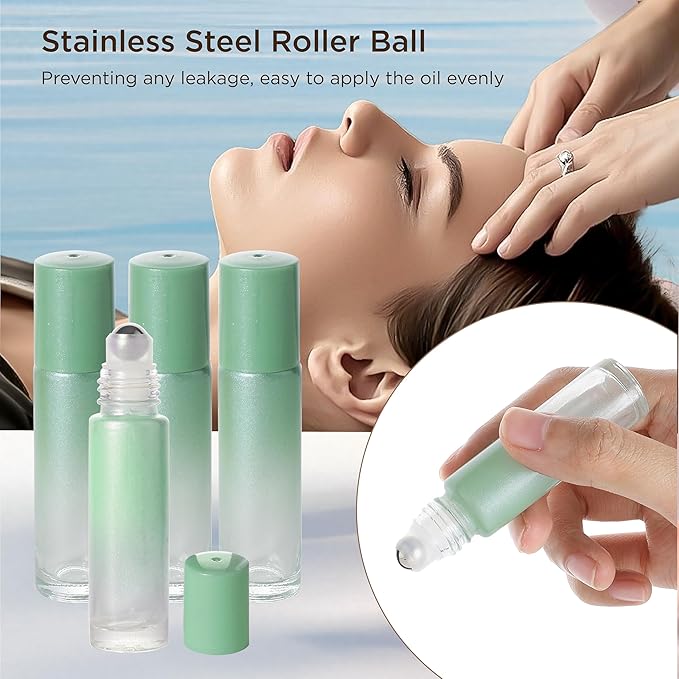 SESENSE Essential Oil Roller Bottles, 10ml Thick Glass Perfume Roller Bottles with Funnel Opener and Dropper Colored Glass Empty Bottles with Stainless Steel Roller Balls (Green, 4 Pack)