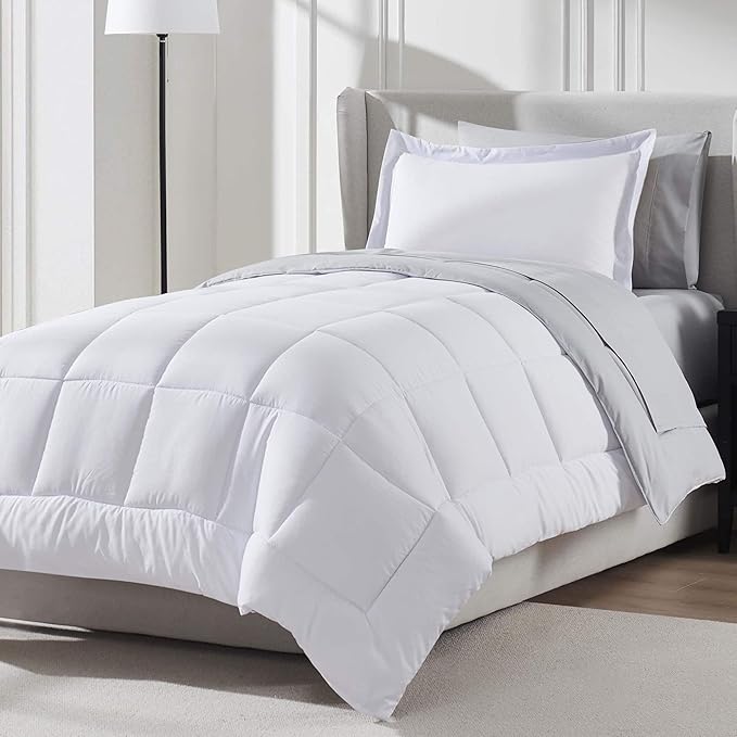 Nestl 7 Piece Twin XL Comforter Set – White Reversible Bed in a Bag – Complete Twin XL Size Bedding Set with Sheets, Set of 2 Down Alternative Pillows, Pillowcase and Sham