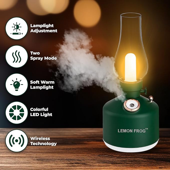 Aroma Diffuser-Vintage LED Night Lamp with Timed Spray; 1200mAh Battery; Wireless; Colorful Lights; Fine Water Mist; Dimming Control; Two Level Spray Quantity; 280mL Capacity. (Forest Green)