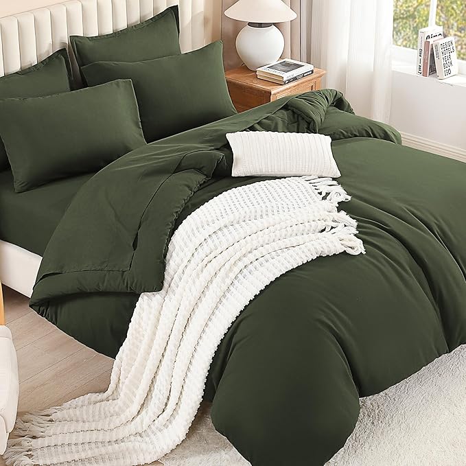 Litanika Dark Olive Green Queen Size Comforter Set - 7 Pieces Bed in a Bag Queen Bedding Comforter Sets, Plain Lightweight Bed Set with Comforter, Sheets, Pillowcases & Shams