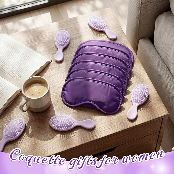 Meanplan 100 Pcs Mini Hair Brush Set 50 Sleep Mask 50 Portable Wet Dry Hair Combs Detangling for Women Spa Sleepover Party Supplies for Travel Team Building Wedding Bridesmaid Gifts(Purple)