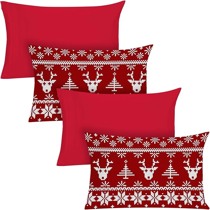 YIYEA Christmas Pillow Cases Standard Size Set of 4, Ultra Soft Double Brushed Microfiber Red Pillowcases and Christmas Reindeer Pillow Covers, Envelope Closure, Fade Resistant (20"x26")