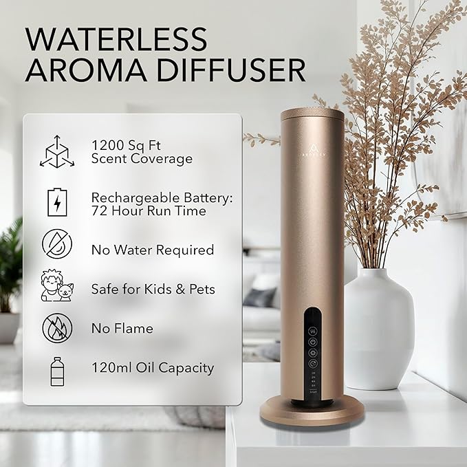 Breeze Wireless Scent Diffuser, Essential Oil Included – Bluetooth & App Control, 1200 Sq Ft Coverage, No Residue, Safe for Kids & Pets, Home, Office & Spa, Gold