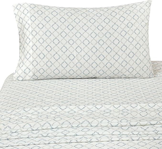 ROYALE LINENS 300 Thread Count 100% Long Staple Combed Cotton Sheet Set - 3 Piece Twin Bed Sheets - 1 Fitted, 1 Flat & Pillow case -Soft Cool & Crisp Sheet Set (Twin, Vintage Trellis,Grey Blue)