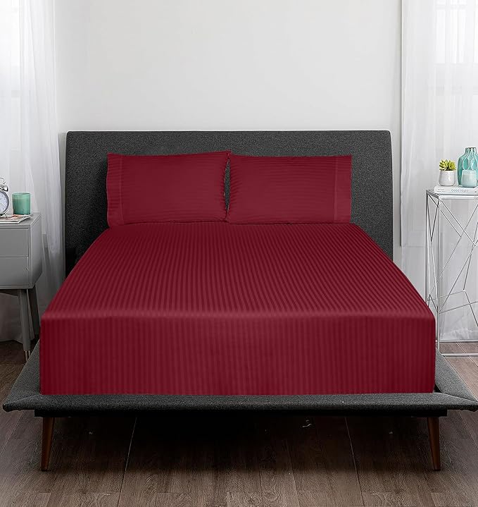 ROYALE LINENS 300 Thread Count 100% Long Staple Combed Cotton Printed Sheet Set - 3 Piece Twin Bed Sheets - 1 Fitted, 1 Flat & Pillow case -Soft Cool & Crisp Sheet Set (Twin, Stripe Burgundy)