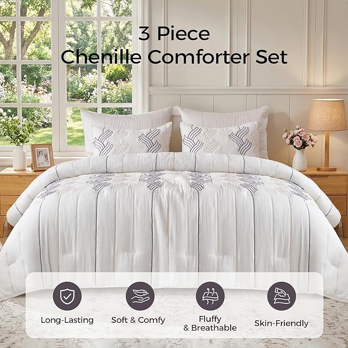 UNIKOME King Size Comforter Set White - Luxury Rope Embroidery Ultra Soft Lightweight Warm Bedding Set for All Seasons, 3 Pieces Down Alternative Bed Set with Comforter, 2 Pillowcases