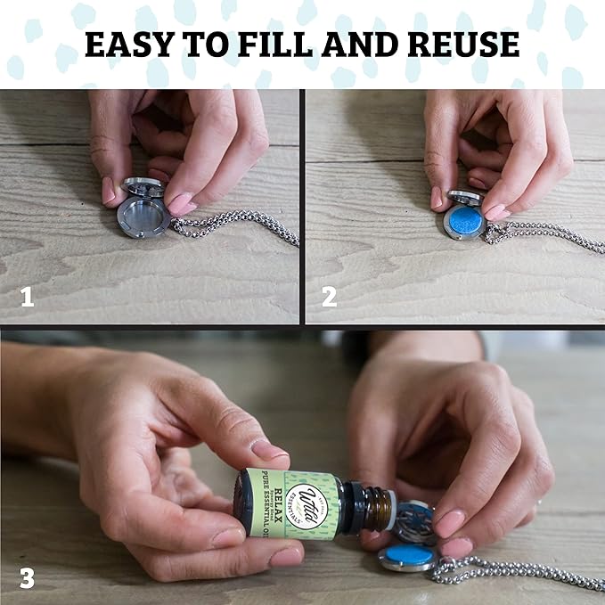 Wild Essentials Greek Key Necklace Essential Oil Diffuser Kit with Lavender, Lemongrass, Peppermint, Orange Oils, 12 Refill Pads, Calming Aromatherapy Gift Set, Customizable Color Changing, Perfume
