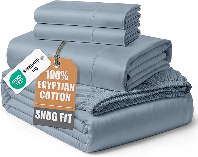 LANE LINEN Luxury Hotel Style 100% Egyptian Cotton Bed Sheets Full Size, Mercerized Cotton, No Pill Fade Resistant Sustainably Produced Full Bedding Sheets & Pillowcases- French Blue